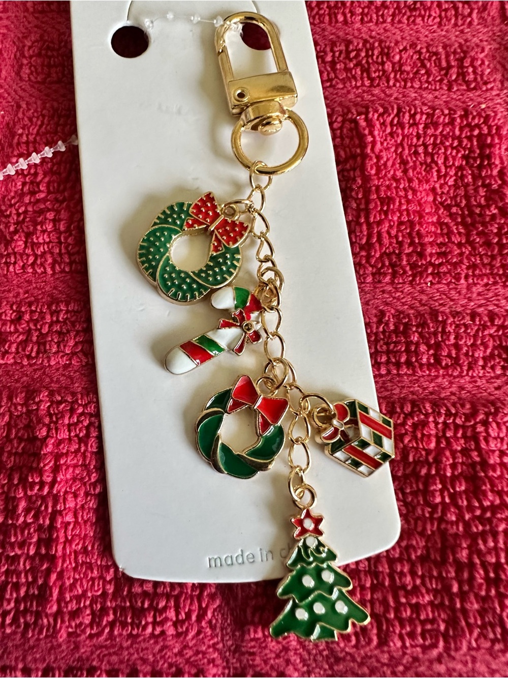 Festive Green & Red Christmas Charm zipper pu- Holiday Wreath, Tree & Candy Cane